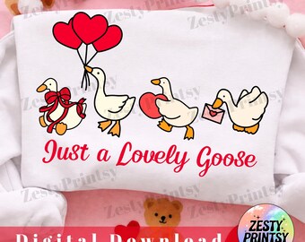 Solo un'adorabile oca PNG per San Valentino, Oca con fiocco civettuolo SVG, Sublimazione dell'oca d'amore, Design stampabile per San Valentino, Download immediato