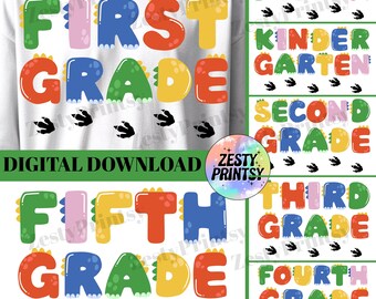 Back to School Dinosaur PNG Bundle, Pre-K to 5th Grade Boys, Cute Font Digital Download for Kids Shirt Sublimation, First Day Of School.
