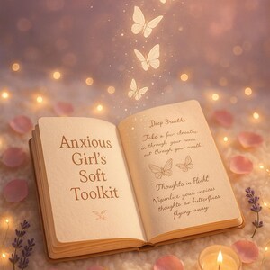 以下が含まれることがあります： 「Anxious Girl's Soft Toolkit」というタイトルの開いた本。テキストとイラストが描かれています。蝶が本から上に向かって飛んでいます。ろうそくの火とバラの花びらが前景にあり、背景にはフェアリーライトがあります。