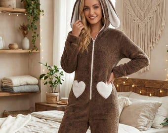 Brown Plush Onesie with Rabbit Ears | Cute Hooded Pajamas with Heart Pocket Detail | Soft Winter Loungewear