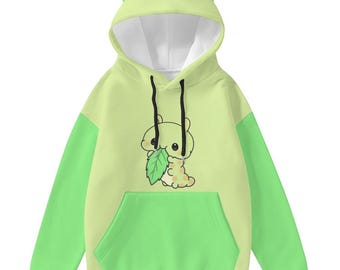 Sudadera con capucha y orejas de gato de oruga: sudadera verde kawaii estilo Harajuku para mujer, con un suave estampado pastel y adorable estampado de insectos.