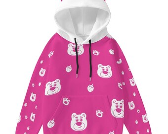 Kawaii Pink Bear Hoodie, Cute Strawberry Bear Cat Ear Sweatshirt, Harajuku Aesthetic Hoodie for Women, Cozy Soft Pullover, Teen Girl Gift