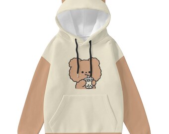 Kawaii Brown Bear Boba Tea Hoodie, Cute Cat Ear Hoodie for Women, Cozy Harajuku Aesthetic Sweatshirt, Kpop Style Hoodie, Gift for Teen Girls
