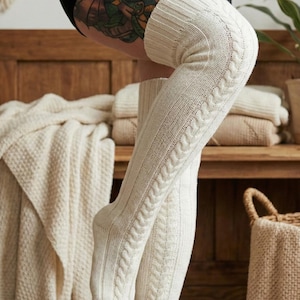 Hand-Knitted Knee-High Socks, Thick Cable Knit Wool Socks, Women's Winter Long Socks, Underwired Thigh Socks, Christmas Gift