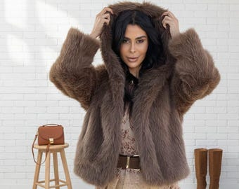 Brown Faux Fur Hooded Jacket, Boho Winter Coat for Women, Luxury Plush Shaggy Outerwear, Oversized Warm Hoodie, Gift for Her, Vegan Fur Coat