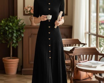 Abito midi nero elegante da donna, abito in maglia a coste, abito con bottoni sul davanti, abito elegante da ufficio, abito lungo femminile, abito in stile old money
