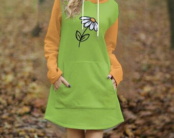 Kawaii Daisy Hoodie Dress | Green and Orange Floral Sweatshirt Dress for Women | Cozy Long Hoodie Dress | Soft Girl Pastel Outfit Gift