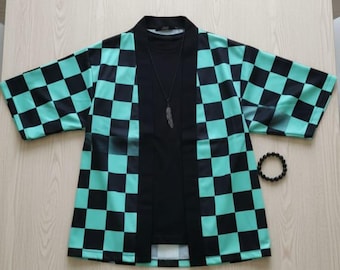 Tanjiro Kamado's iconic HITTITE pattern haori! Black and turquoise plaid kimono jacket.Perfect for anime Channel your Demon Slayer style!