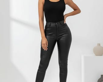 Pantalones de cuero negro para mujer, cintura alta, corte ajustado, pantalones de cuero sintético, ropa de noche elegante, pantalones de cuero, leggings negros ajustados, jeans