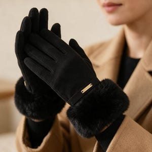 Faux Fur Trimmed Winter Gloves for Women, Warm Elegant Cold Weather Gloves, Cozy Soft Touchscreen Friendly Hand Warmers, Gift for Her