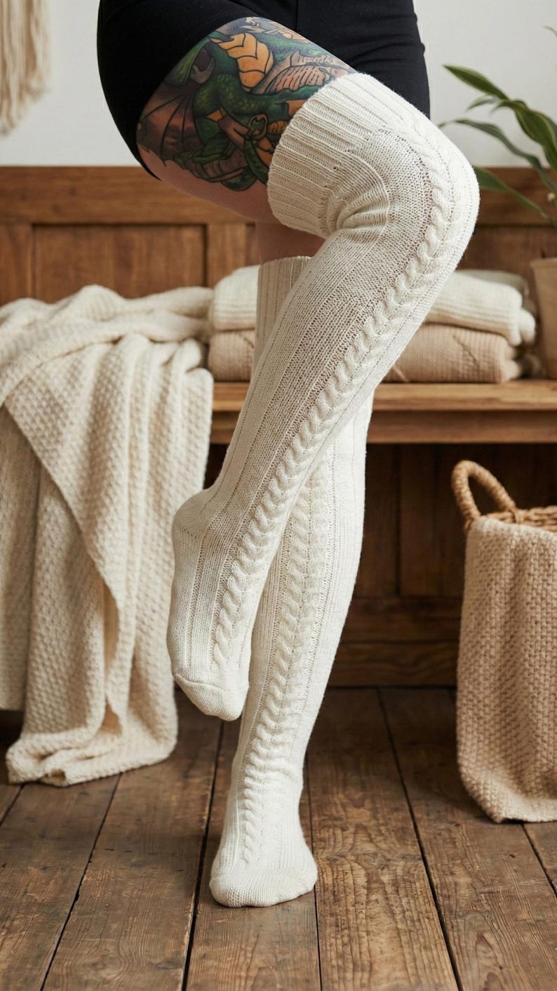 Hand-Knitted Knee-High Socks, Thick Cable Knit Wool Socks, Women's Winter Long Socks, Underwired Thigh Socks, Christmas Gift image 1