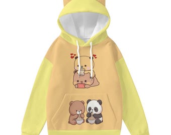 Kawaii Bear Panda Hoodie with Ears | Cute Couple Ramen Hoodie | Yellow Harajuku Kawaii Sweatshirt | Cozy Animal Lovers Pullover