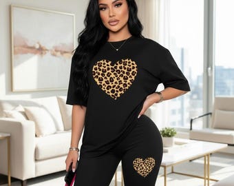 Women Leopard Heart Two Piece Set, Black Biker Short Set, Casual Matching Outfit, Cute Graphic Lounge Set, Summer Streetwear Co Ord