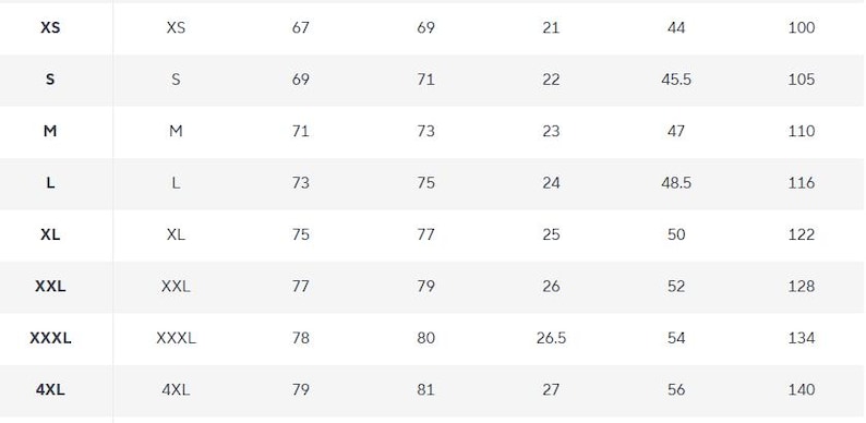 May include: A size chart table displaying garment measurements in centimeters for sizes ranging from XS to 4XL. The table includes columns for size labels and numerical values for length, width, and other dimensions, presented in a clear grid format.