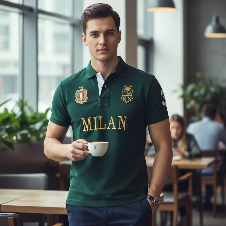 May include: A dark green short-sleeved polo shirt featuring the word MILAN embroidered in gold across the chest. The shirt includes two embroidered crests on the upper chest, a white inner placket, and a white number three on the left sleeve.