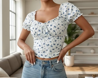 Top corto da donna con maniche a sbuffo e stampa floreale, camicetta in stile cottagecore, top estivo floreale vintage, grazioso top da contadina, stile corsetto arricciato, camicetta casual femminile