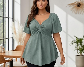 Camicetta babydoll taglie forti da donna, tunica estiva fluida, camicia casual dalla vestibilità ampia, elegante top peplum con scollo a V, camicetta femminile taglie forti per tutti i giorni