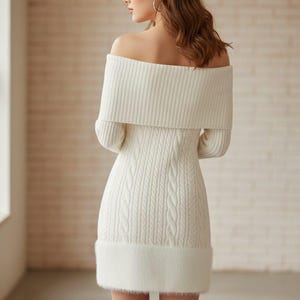 Off the Shoulder White Sweater Dress, Cable Knit Mini Dress with Fuzzy Trim, Winter Christmas Outfit, Coquette Aesthetic, Elegant Knitwear image 2