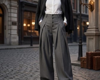 Pantaloni a gamba larga a righe sottili a vita alta da donna, pantaloni plissettati in stile accademico scuro, abbigliamento elegante da ufficio grigio, sartoriale di ispirazione vintage