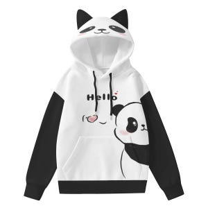May include: White hoodie with black sleeves and a panda face design on the hood. The front features a panda illustration and the word "Hello". The hoodie has a kangaroo pocket and black drawstrings.