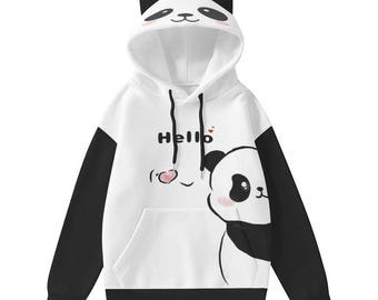 Kawaii Panda Hoodie with Ears | Cute Hello Panda Sweatshirt | Harajuku Kawaii Animal Hoodie | Cozy Black White Panda Pullover