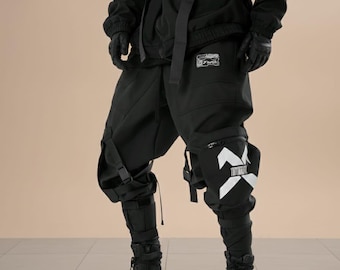 Futuristic Techwear Y2K Cargo Pants-Streetwear Jogger Harajuku Parachute Trousers with Tactical Suspenders,Elastic Ankles Multiple Pockets