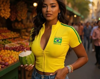 ブラジル ジップアップ クロップトップ、ブラジル フィットシャツ、レディース ブラジル ファン Tシャツ、スポーティー クロップトップ、Y2K サッカー ファッション