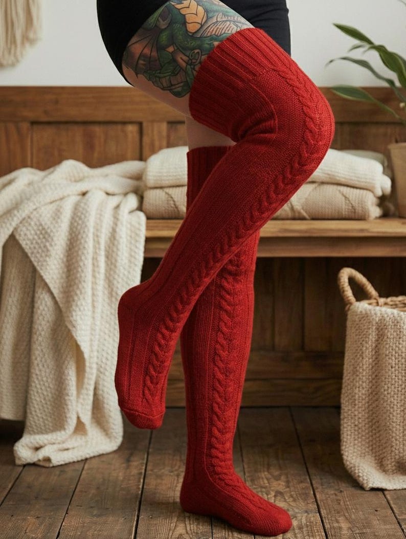 May include: Red cable-knit over-the-knee socks. The socks are a vibrant red color and feature a ribbed texture on the leg and a cable-knit design on the sides. The socks are made of a thick, warm material, perfect for cold weather.
