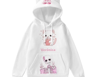 Custom Kawaii Cat Hoodie with Ears | Cute Cat & Skeleton Hoodie | Harajuku Pastel Goth Sweatshirt | Personalized Kawaii Pullover