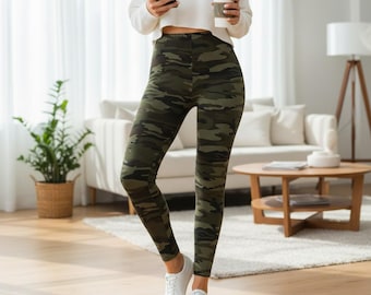 Leggings de camuflaje para mujer, leggings de camuflaje de talle alto, pantalones de yoga con estampado militar, leggings de entrenamiento estilo militar.