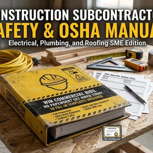 May include: A yellow and black Construction Subcontractor Safety & OSHA Manual with text. The manual is on a wooden surface with construction tools, including a measuring tape, electrical wire, and gloves. The manual includes the text "Win Commercial Bids."