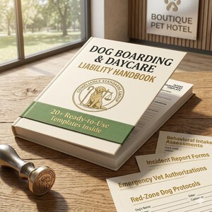 Könnte beinhalten: Ein Handbuch mit dem Titel "Dog Boarding & Daycare Liability Handbook" mit dem Logo der Compliance Standards Group. Das Buch hat ein grünes Band mit dem Text "20+ Ready-to-Use Templates Inside". Formulare für die Tierpflege sind sichtbar, darunter "Behavioral Intake Assessments".