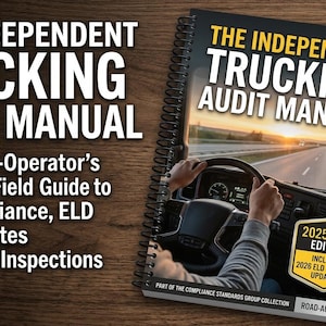 May include: A manual titled "The Independent Trucking Audit Manual" with the text "The Owner-Operator's Complete Field Guide to DOT Compliance, ELD Mandates & Roadside Inspections." The cover shows a driver's view of a highway. Includes 2025-2026 edition.