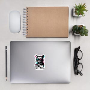 May include: A sticker featuring a stylized cat wearing sunglasses with a pink and blue outline. The text "STAY SHARP" is below the cat. The sticker is on a laptop, with a notebook, mouse, pen, glasses, and small plants nearby.