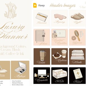 May include: A digital illustration featuring a collection of lifestyle and planner-themed graphics. The image includes icons for finances, morning, night, glasses, plans, creative, haircare, water, calories, books, and more. The text "Luxury Planner" is displayed.