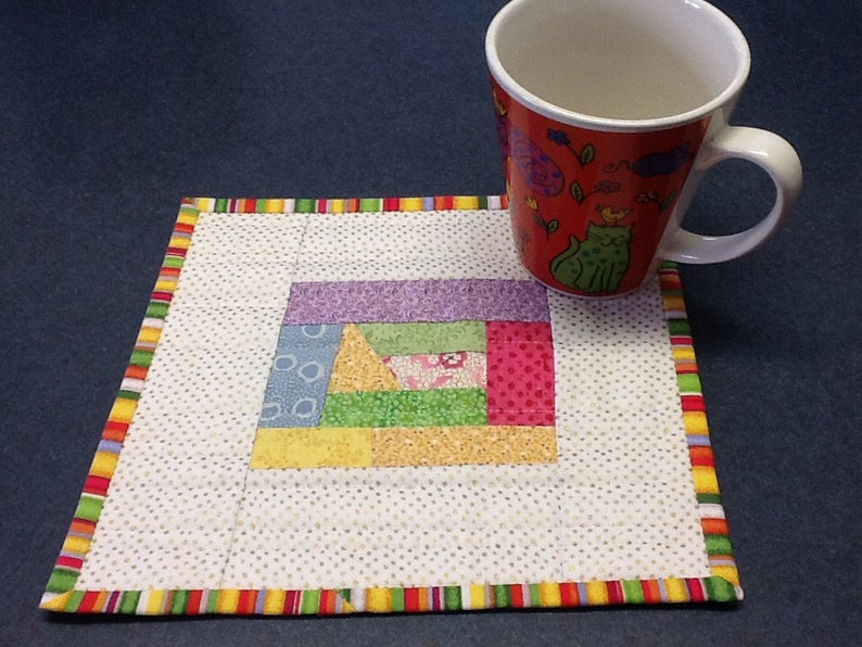 Quilted Improv Mug Rug Quilted Snack Mat Quiltsy Handmade Modern Log Cabin Candle Mat