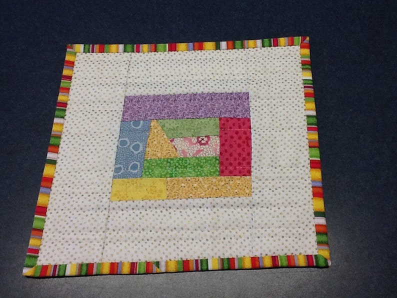 Quilted Improv Mug Rug Quilted Snack Mat Quiltsy Handmade Modern Log Cabin Candle Mat