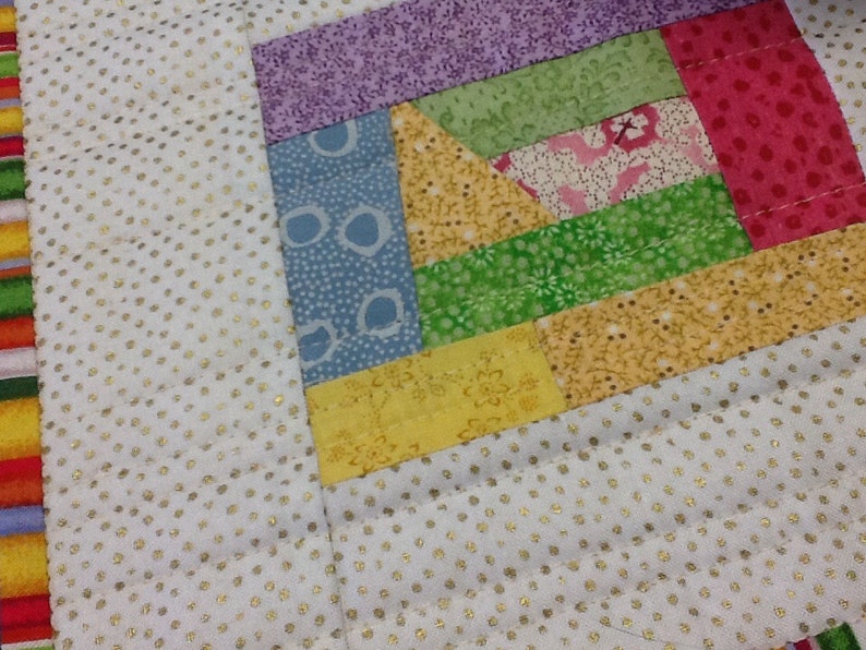 Quilted Improv Mug Rug Quilted Snack Mat Quiltsy Handmade Modern Log Cabin Candle Mat