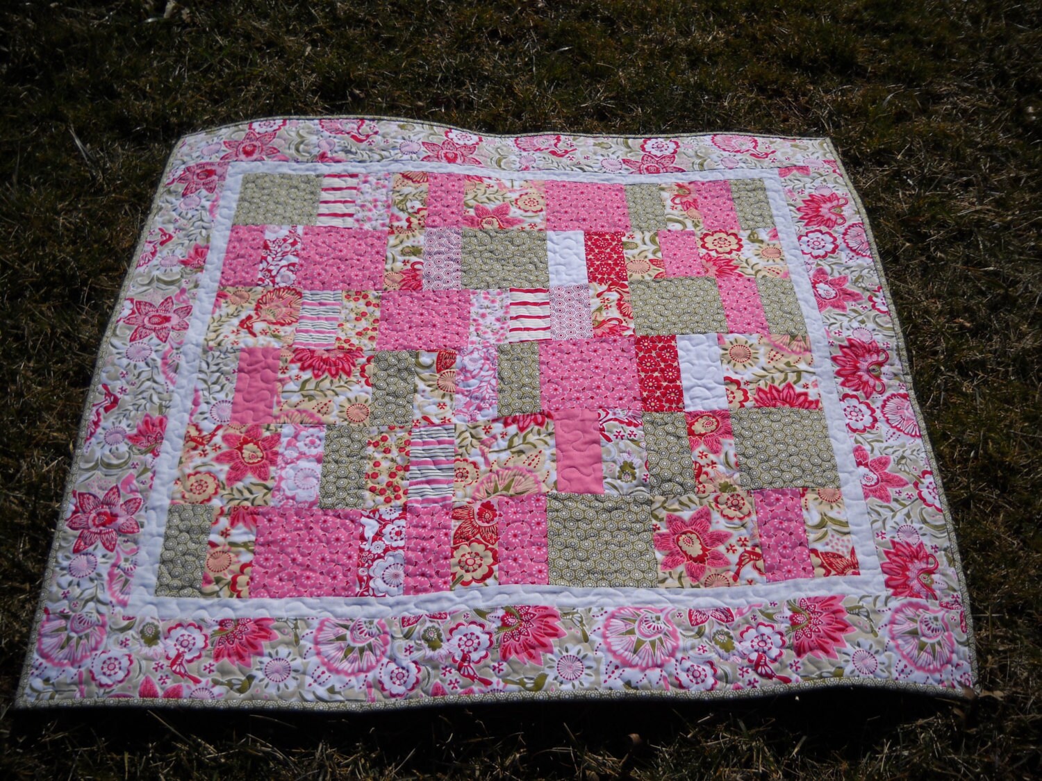 Pink and Green Quilt Quilted Floral Throw Quiltsy Handmade Etsy