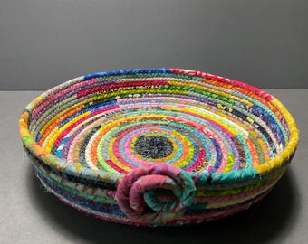 Bol de cuerda enrollada multicolor, bandeja ovalada de tela hecha a mano, bol decorativo