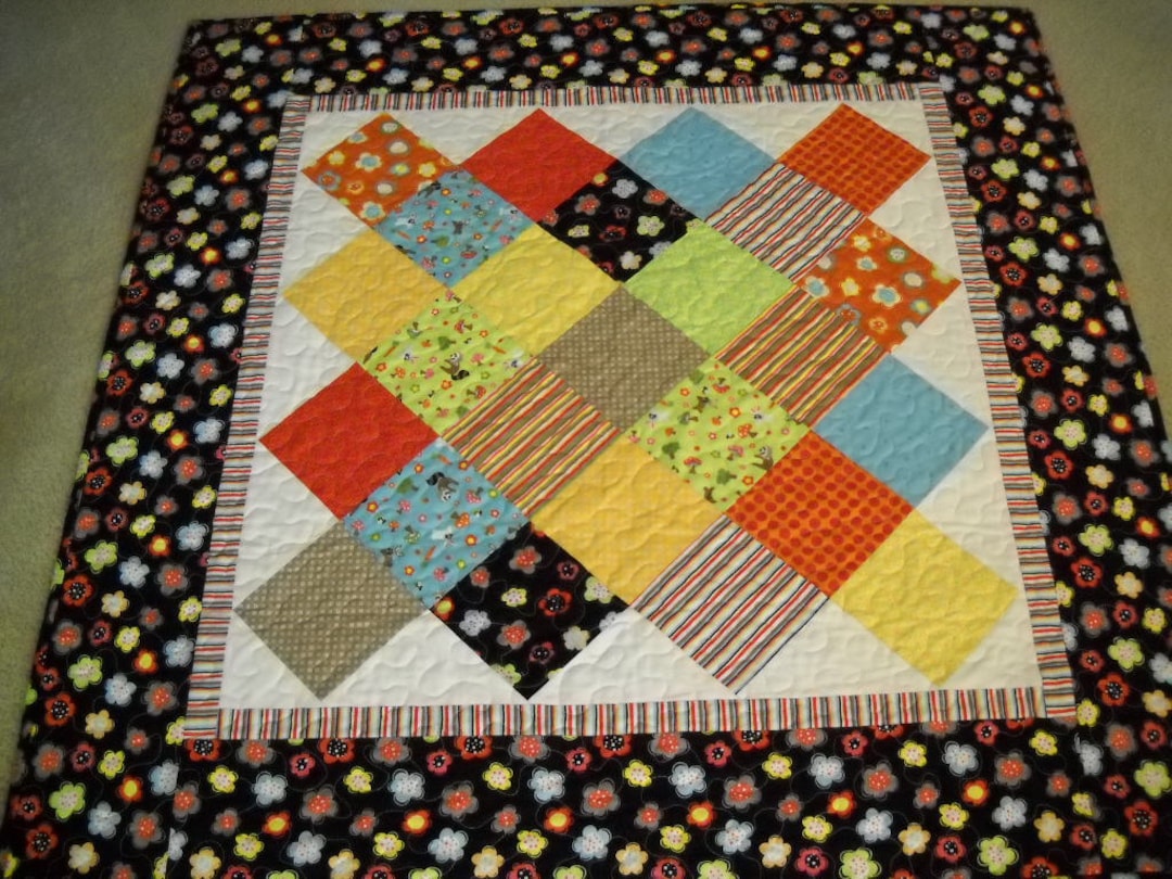 Classic Patchwork Baby Quilt, Black White Bright Crib Quilt, Quiltsy