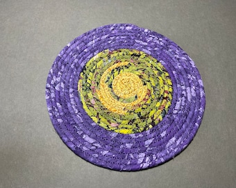 Purple Coiled Rope Trivet, Batik Fabric Hot Pad, Round Candle Mat