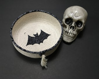 Halloween Coiled Rope Bowl, Black Bat Appliqué Basket