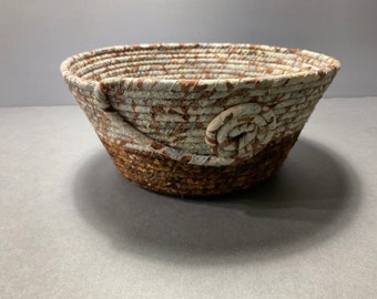 Brown Coiled Rope Bowl, Batik Fabric Basket, Decorative Clothesline Basket Fiber Art