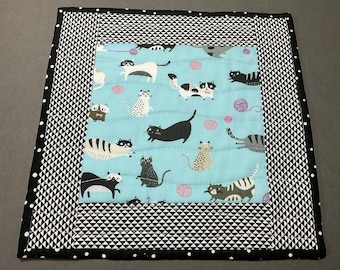 Alfombra de taza con estampado de gato, alfombra de bocadillo acolchada, alfombra de vela azul