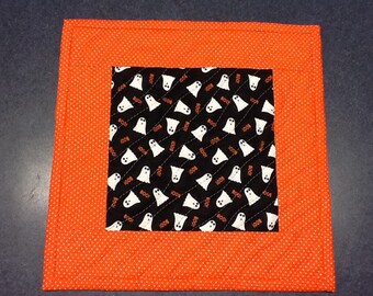 Halloween Ghosts Mug Rug,  Quilted Black and Orange Candle Mat, Quiltsy Handmade