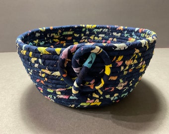 Navy Batik Print Coiled Rope Bowl Coiled Rope Basket Fabric Basket
