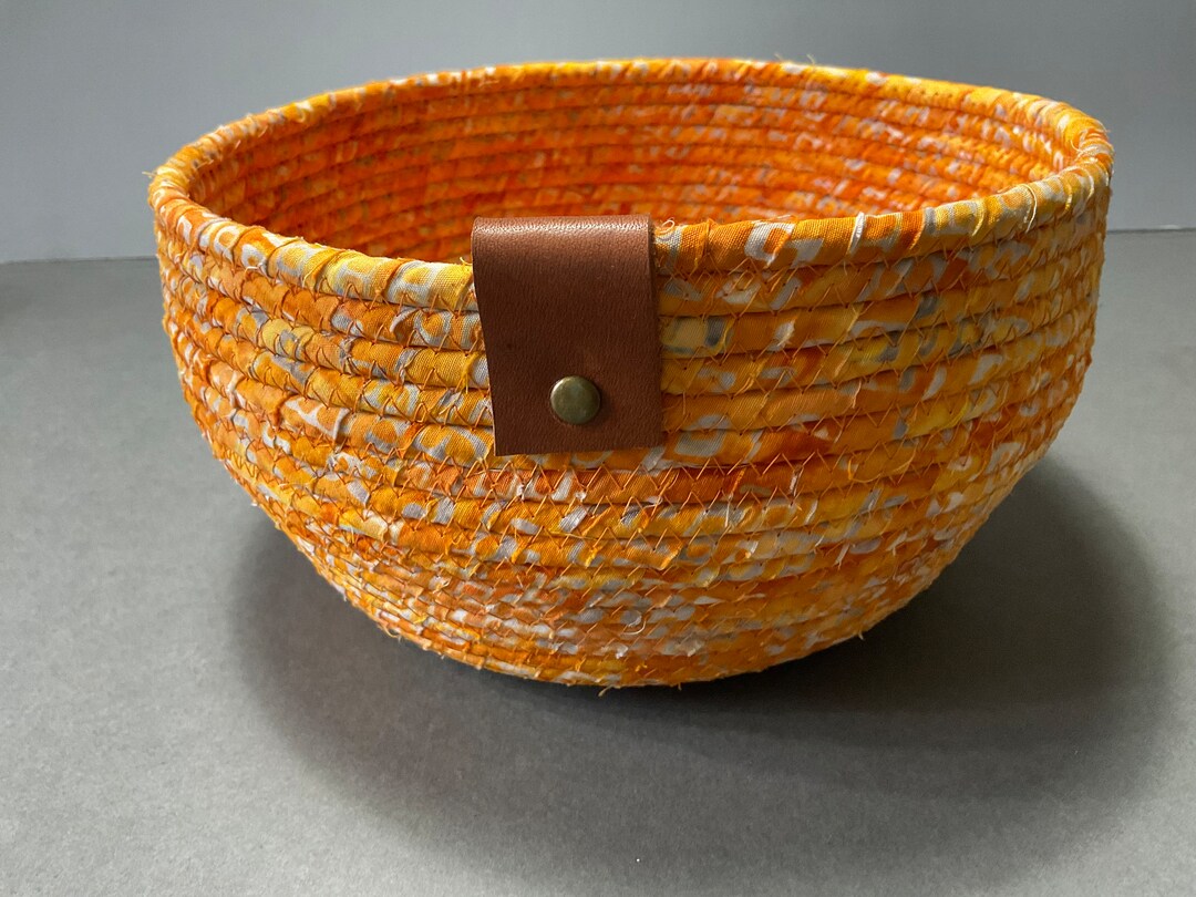 Orange Coiled Rope Bowl, Batik Fabric Coiled Basket, Decorative