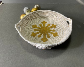 Cuenco de cuerda enrollada en blanco y dorado, cesta navideña, bandeja decorativa para tender la ropa, cuenco de arte textil