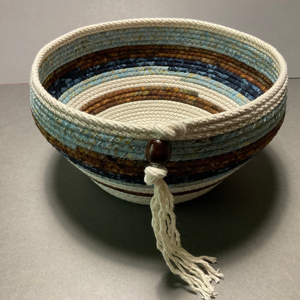 Blue Brown Coiled Rope Bowl, Batik Fabric Basket, Decorative Clothesline Basket